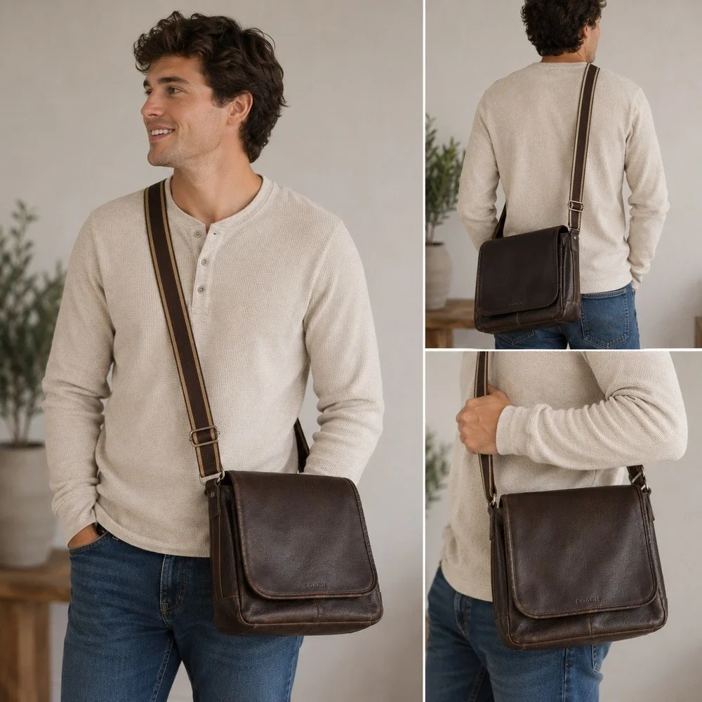 Coach Heritage Web Leather Messenger Bag in Brown Crossbody Unisex Travel Laptop